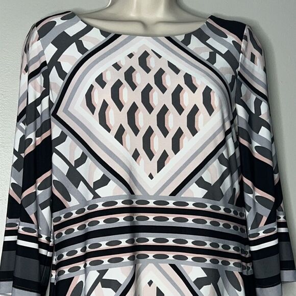 Calvin Klein 3/4 Sleeve Round Neck Geometric Pattern Gray/Pink Jersey Dress Sz 6 - Picture 7 of 10